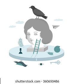 Girl on psychotherapy. Dream Head. Psychology vector illustration