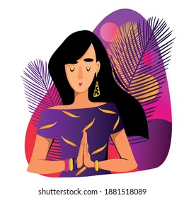 A girl on a purple background folded her hands in a namaste position. Vector illustration