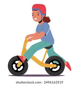 Girl On A Push Bike With A Helmet, Kid Character Beaming With Joy Emphasizes The Excitement And Safety Of Push Bike Riding For Children Isolated on White Background. Cartoon People Vector Illustration