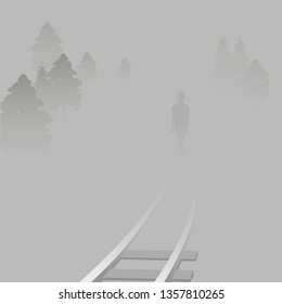 the girl is on the rails of the railway. a woman in a misty landscape