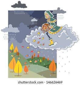 Girl on rain cloud strews autumn leaves.