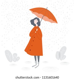 Girl on rainy day, Happy girl holding umbrella on rainy day. 