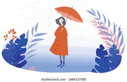 Girl on rainy day, Happy girl holding umbrella on rainy day. A little girl in an orange coat stood in the rain with an orange umbrella. Vector flat illustration