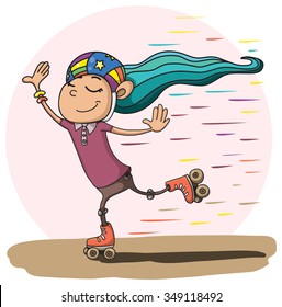 Girl on retro roller-skates. Cute girl move fast on retro roller-skates. Colorful vector illustration of young girl. Skating girl.
