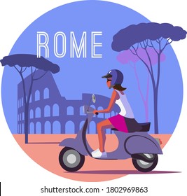 Girl on retro scooter travelling around Rome with the Collosseum on the background, vector illustration