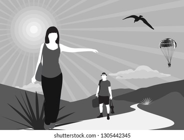 girl on the road hitchhiking with her boyfriend. Mountains Seagull balloon and road