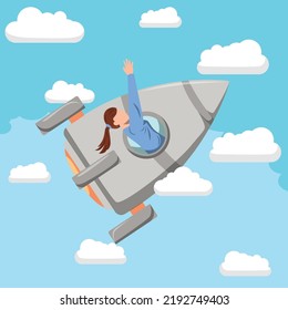 Niña en cohete, vector de ilustración plana de vuelo de cohetes, icono de ilustración plana de lanzamiento de cohetes.