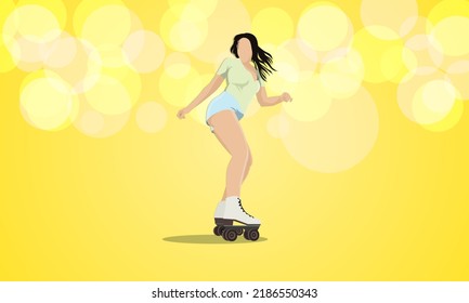 A girl on roller skates. Abstract circles of different transparency on a yellow background.