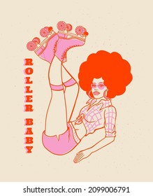 Girl On Roller Skates With Afro Hairstyle In The Style Of 70s, Retro Vector Illustration, Inscription: Roller Baby