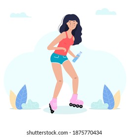 Girl on roller skates with a bottle of water. Sports lifestyle.