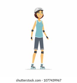 Girl on roller skates - cartoon people character isolated illustration on white background. A happy smiling young sportswoman wearing helmet, kneepads, elbow pad. Active lifestyle concept