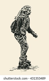 girl on roller skates. engraving style. vector illustration