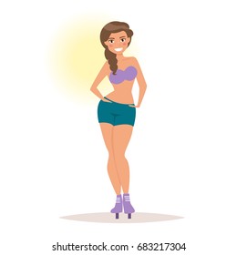 Girl on roller skates. Isolated art on white background. Vector. Cartoon. Flat