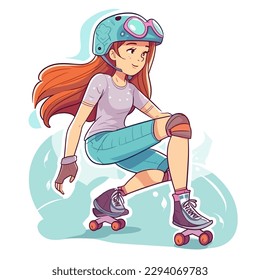 A girl on roller skates. Sports adrenaline games. Cartoon vector illustration. label, sticker, t-shirt printing