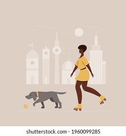 A girl on roller skates and a Weimaraner dog with a ball are walking around the city. The concept of outdoor activities and animal care. Vector illustration. Flat style..