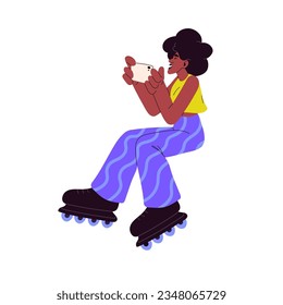 Chica sobre patines. Joven negra, alegre patinadora activa sosteniendo el teléfono móvil, tomando fotos, sonriendo. El moderno y moderno carácter de la decoración. Ilustración vectorial plana aislada en fondo blanco