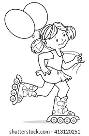 Girl on rollers. little girl in a short skirt, with balloons, roller-skating. Coloring Page.