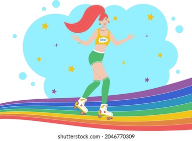A girl on rollers with a long tail. Vector image