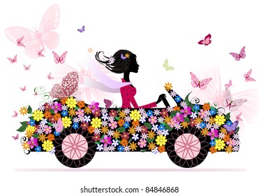 girl on a romantic flower car