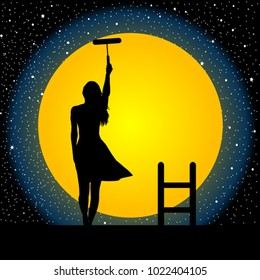 Girl on the roof painting the moon and the stars