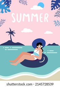 girl on an rubber ring floats in a pool or in the sea. Beach summer vacation. Holidays at sea. The girl in glasses and a swimsuit sunbathes. Vector stock illustration. Flat EPS