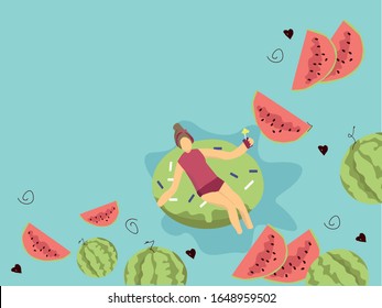 Girl on a rubber ring in the shape of a donut with a cocktail in hand. Banner. Juicy ripe slices of watermelon. Healthy food on a blue background. Place for text. In summer time.