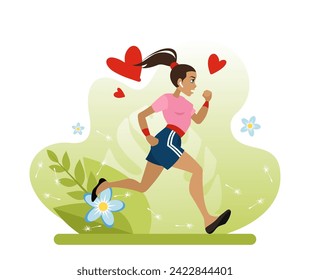 A girl on a run in the summer. Running outdoors is a healthy lifestyle. Flat vector illustration in cartoon style