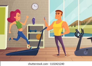 Girl on running track. Fitness illustration of female personal training. Workout and training jogging, exercise on treadmill vector