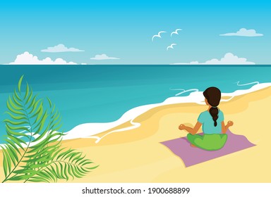 The girl on the sandy beach is engaged in yoga, facing the sea. Vector graphics