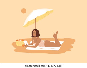 Girl on a sandy beach takes sunbaths and reads a book. Picnic in nature with fruit basket. Beach umbrella. Vector illustration in scandinavian style.