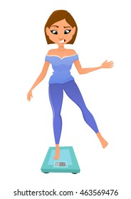 The girl on scales control overweight. The young woman in fright monitors the weight change. Girl weighing. Young slim woman stepping on scales. Vector illustration.