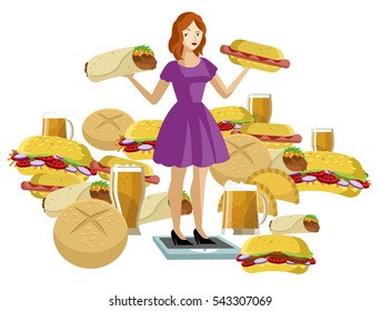girl on scales with a lot of unhealthy food