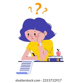 Girl on school exam. Kid study and think about test or homework in class. Pupil confused how to do survay on blank. Vector illustration about child education.