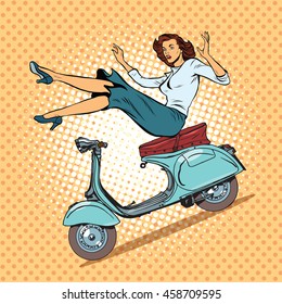 The Girl On Scooter Accident Pop Art Retro Vector Illustration. The Woman And Transport