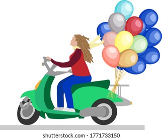 The girl on the scooter with balloons. Delivery of goods at home. Banner service design holidays.