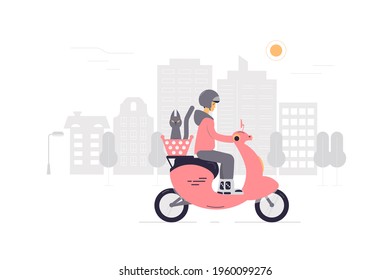 A girl on a scooter with a cat in a basket rides around the city. The concept of outdoor activities and animal care. Vector illustration. Flat style..