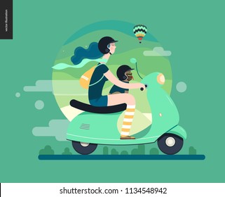 Girl on a scooter - flat vector concept illustration of blue haire girl wearing helmet riding a mint scooter, a french bulldog on her lap wearing small helmet, on the green landscape with air balloon