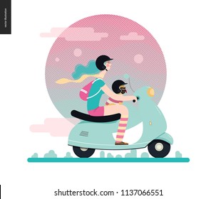 Girl on a scooter - flat vector concept illustration of blue-haired girl wearing helmet riding a light blue scooter, a french bulldog on her lap wearing small helmet, on the pink landscape with clouds