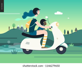 Girl on a scooter -flat vector concept illustration of blue-haired girl wearing helmet riding a white scooter, a french bulldog on lap wearing small helmet, on the green landscape with hill and clouds