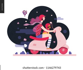 Girl on a scooter - flat vector concept illustration of purple-haired girl wearing helmet riding a white scooter, a french bulldog on her lap wearing small helmet, on the black landscape with air