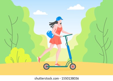 Girl on scooter flat vector illustration. Young woman in forest cartoon character. Ecological vehicle, mobility. Nature background, summertime. Active lifestyle. Hobby, outdoor activity, leisure