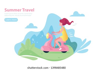 Girl on a scooter on the green landscape with hill and clouds. Flat vector concept illustration