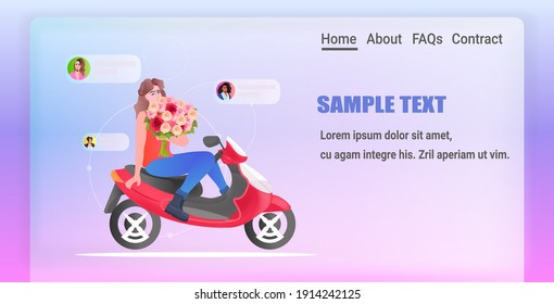 girl on scooter holding flowers and discussing with mix race friends in chat bubbles womens day 8 march holiday celebration online communication concept horizontal full length copy space vector