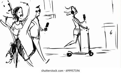 Girl on a scooter  and people walking on the street.