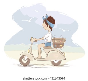 Girl on scooter rides along the beach/Young woman traveling by scooter, vector illustration