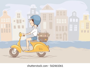 Girl on scooter rides rides through the old town/Young woman traveling by scooter, vector illustration
