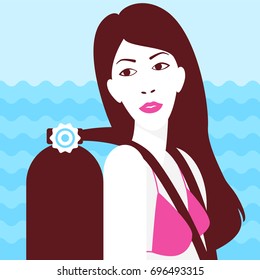 Girl on the sea background, summer vacation concept