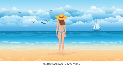 A girl on a sea beach, seascape with sailing yacht, summer vacation, vector cartoon