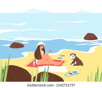 A girl on the seashore is resting with her dog English Bulldog. A girl looks into her phone on the beach in seclusion. Summer time of the year. Flat vector illustration.