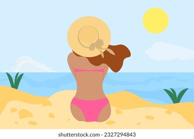 Girl on the seashore. Vacation on the beach. Woman enjoys the view. Postcard in flat style